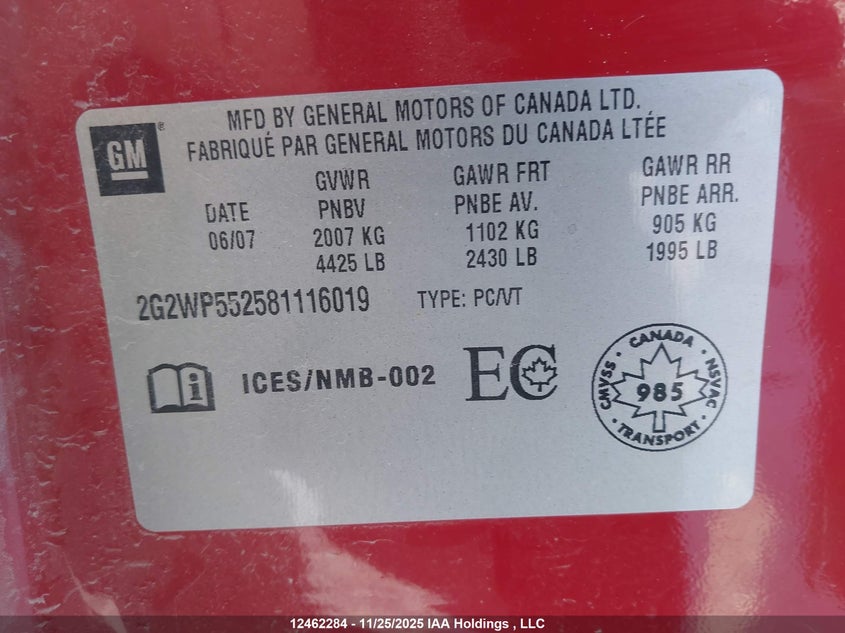 2G2WP552581116019 2008 PONTIAC GRAND PRIX photo no. 9
