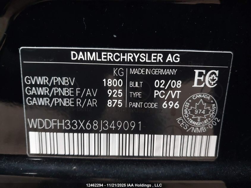 2008 Mercedes-Benz B200 VIN: WDDFH33X68J349091 Lot: 12462294