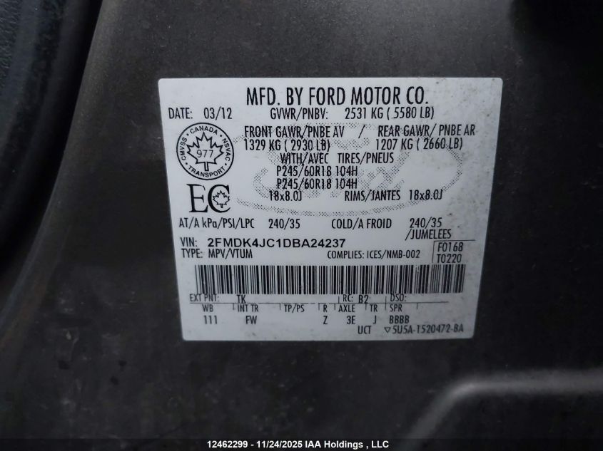 2013 Ford Edge Sel VIN: 2FMDK4JC1DBA24237 Lot: 12462299