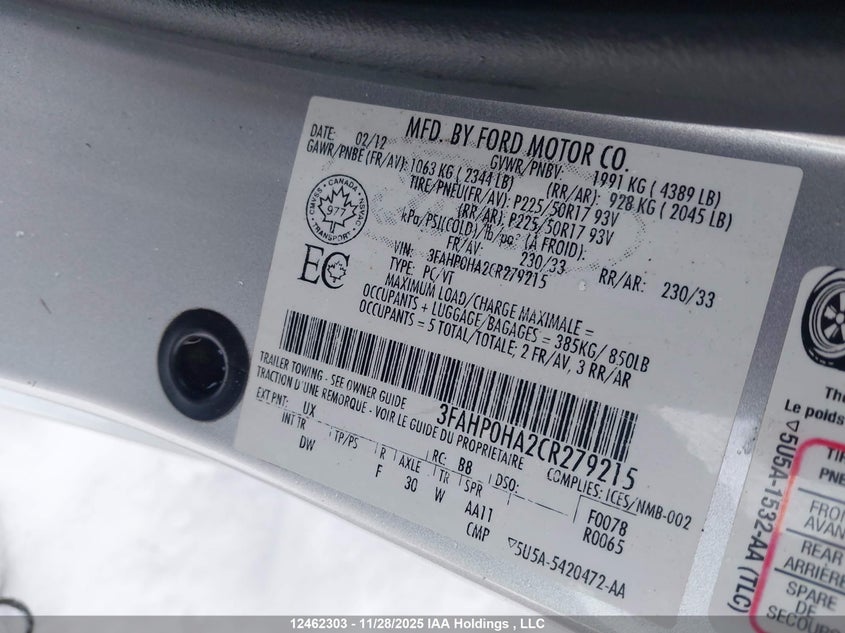 3FAHP0HA2CR279215 2012 FORD FUSION photo no. 9