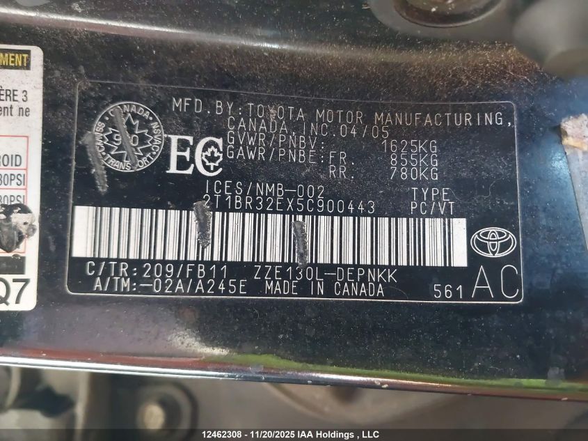 2005 Toyota Corolla Ce/Le/Sport VIN: 2T1BR32EX5C900443 Lot: 12462308