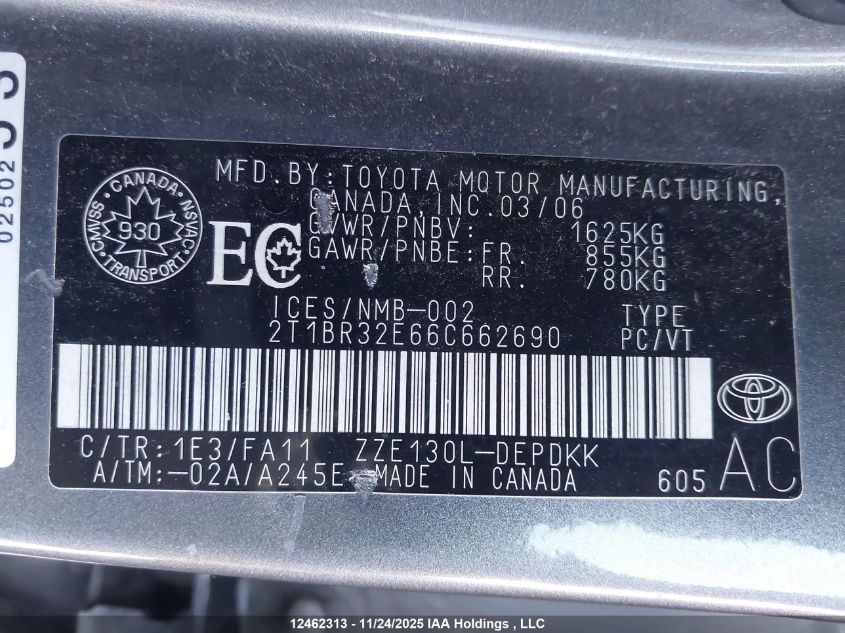 2006 Toyota Corolla Ce/Le/S VIN: 2T1BR32E66C662690 Lot: 12462313