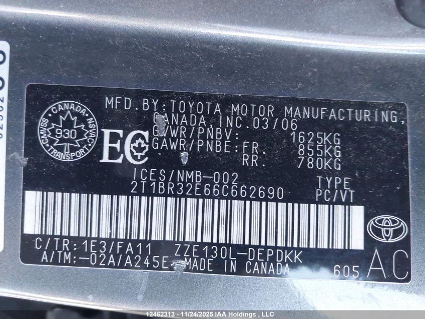 2006 Toyota Corolla Ce/Le/S VIN: 2T1BR32E66C662690 Lot: 12462313