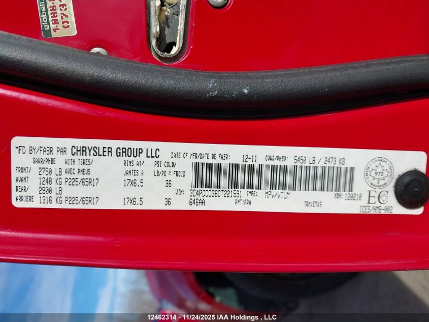 2012 Dodge Journey Sxt VIN: 3C4PDCCG6CT221591 Lot: 12462314