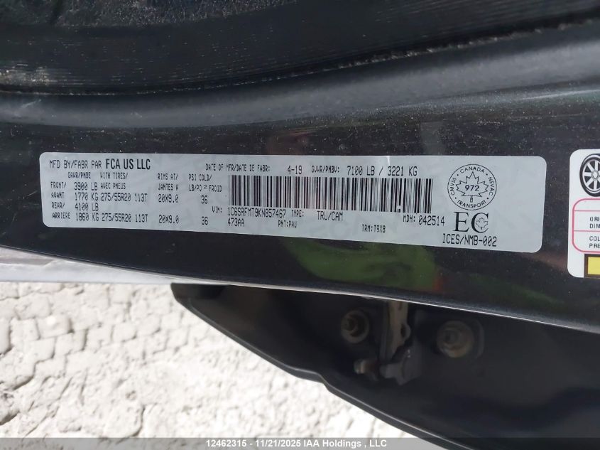 2019 Ram 1500 Big Horn VIN: 1C6SRFMT9KN857467 Lot: 12462315