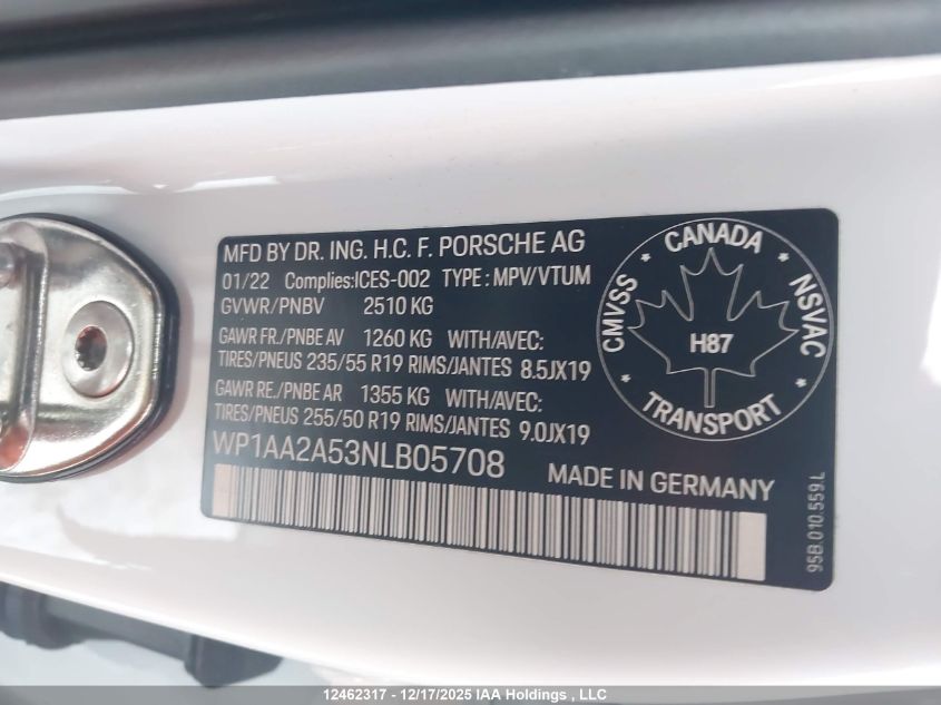 2022 Porsche Macan VIN: WP1AA2A53NLB05708 Lot: 12462317