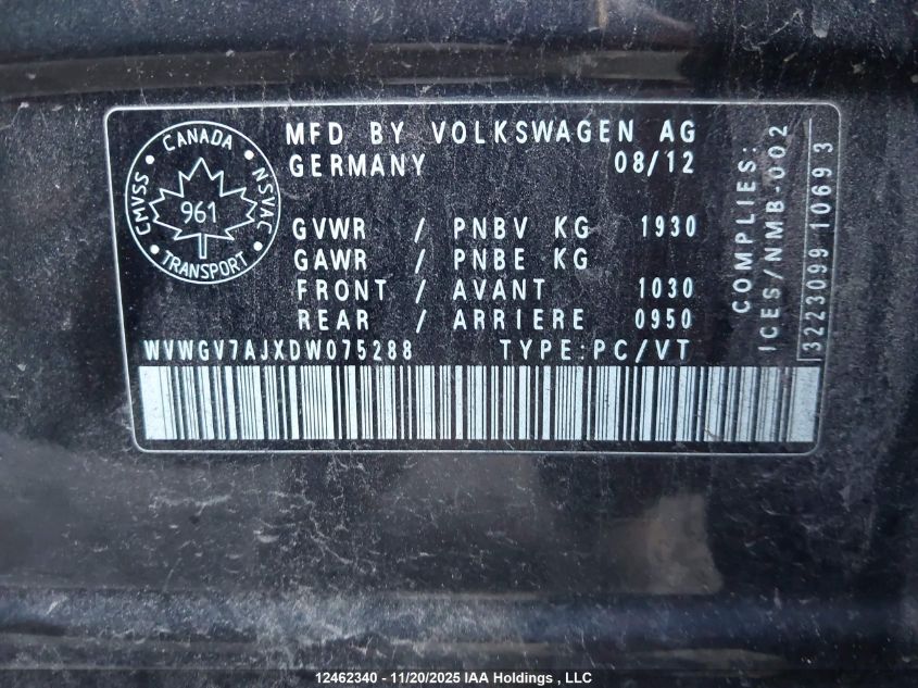 2013 Volkswagen Golf Gti 5-Door/5-Door Wolfsburg Edition VIN: WVWGV7AJXDW075288 Lot: 12462340