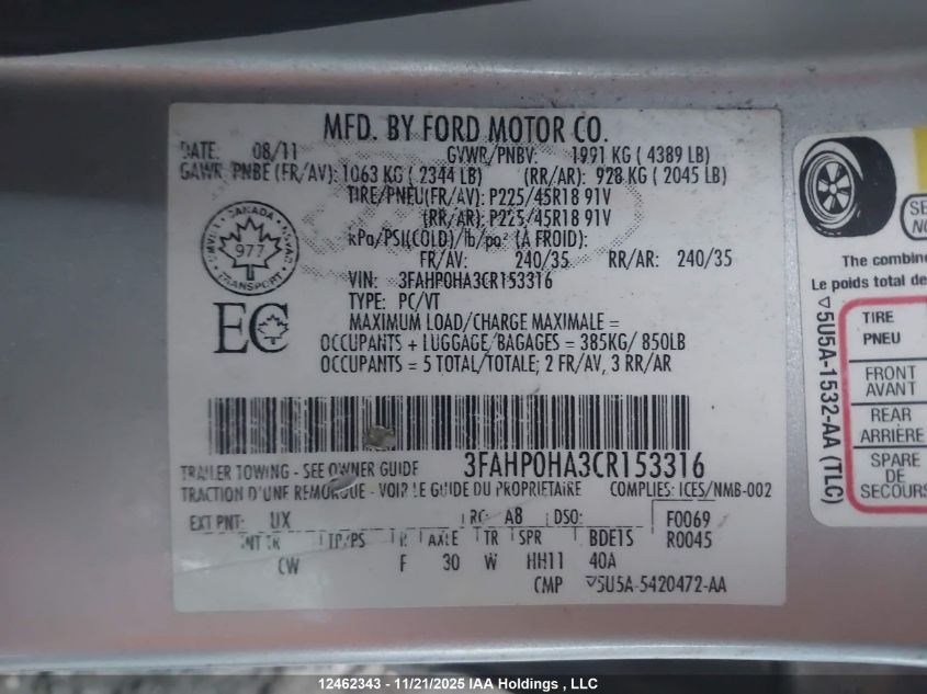 2012 Ford Fusion Se VIN: 3FAHP0HA3CR153316 Lot: 12462343