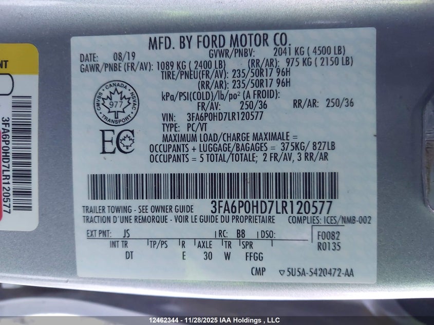 3FA6P0HD7LR120577 2020 FORD FUSION photo no. 9