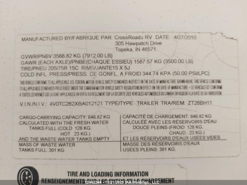 2011 Crossroads Crossroads VIN: 4V0TC262XBA012121 Lot: 12462346