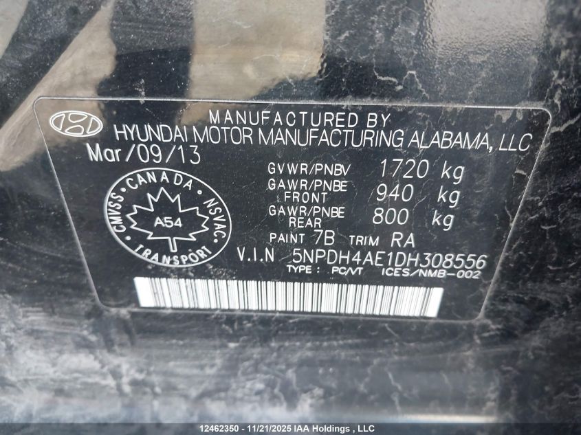 2013 Hyundai Elantra Gls/Limited VIN: 5NPDH4AE1DH308556 Lot: 12462350