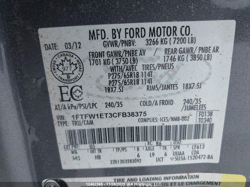 1FTFW1ET3CFB38375 2012 FORD F-150 photo no. 9