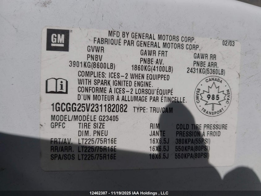 1GCGG25V231182082 2003 CHEVROLET EXPRESS photo no. 19