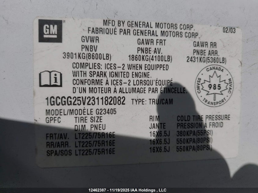 1GCGG25V231182082 2003 CHEVROLET EXPRESS photo no. 9
