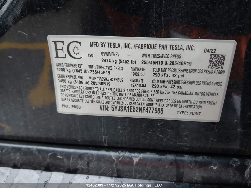 5YJSA1E52NF477988 2022 TESLA MODEL S photo no. 18