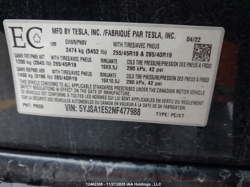 5YJSA1E52NF477988 2022 TESLA MODEL S photo no. 9