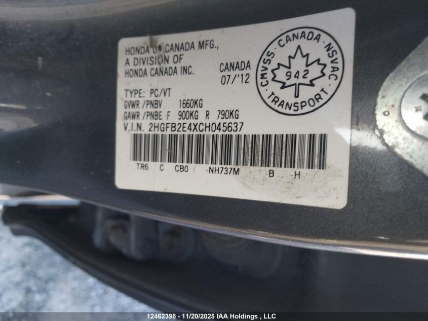 2012 Honda Civic Lx VIN: 2HGFB2E4XCH045637 Lot: 12462398