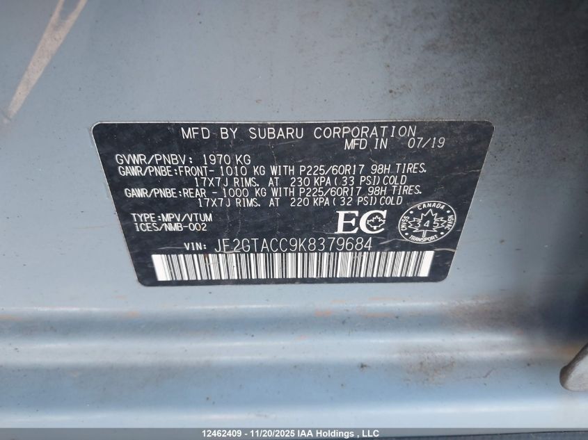 2019 Subaru Crosstrek Touring VIN: JF2GTACC9K8379684 Lot: 12462409