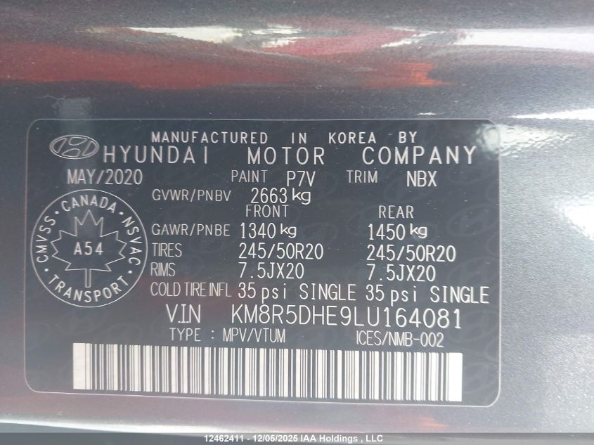 2020 Hyundai Palisade VIN: KM8R5DHE9LU164081 Lot: 12462411