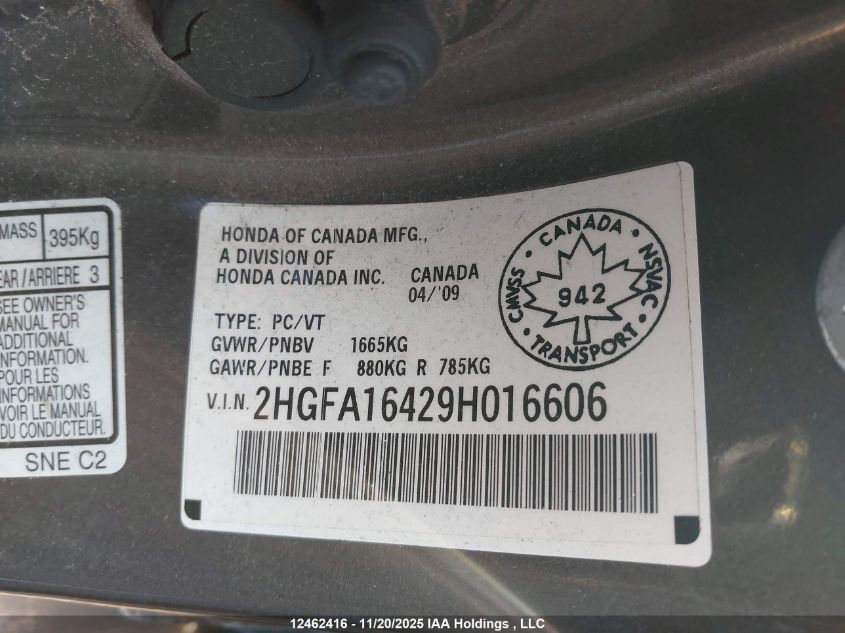 2009 Honda Civic Dx-G VIN: 2HGFA16429H016606 Lot: 12462416