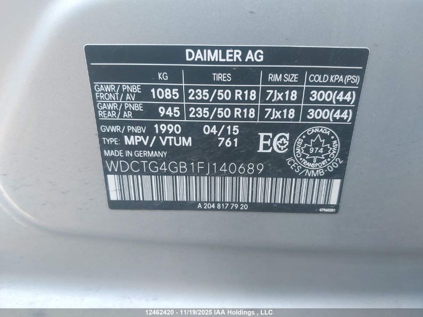 2015 Mercedes-Benz Gla 250 4Matic VIN: WDCTG4GB1FJ140689 Lot: 12462420