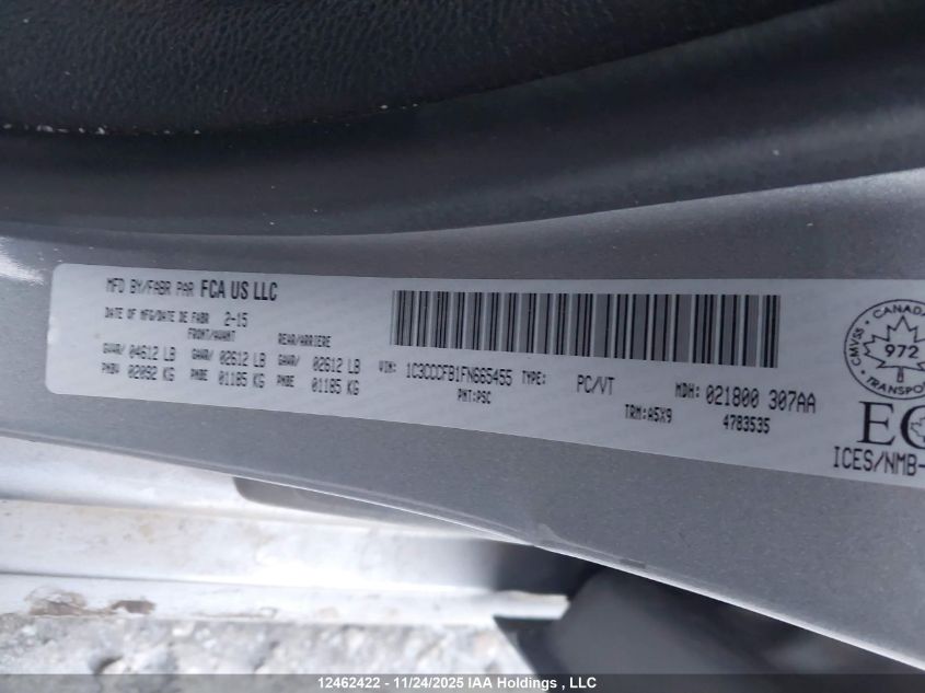 2015 Chrysler 200 Lx VIN: 1C3CCCFB1FN665455 Lot: 12462422