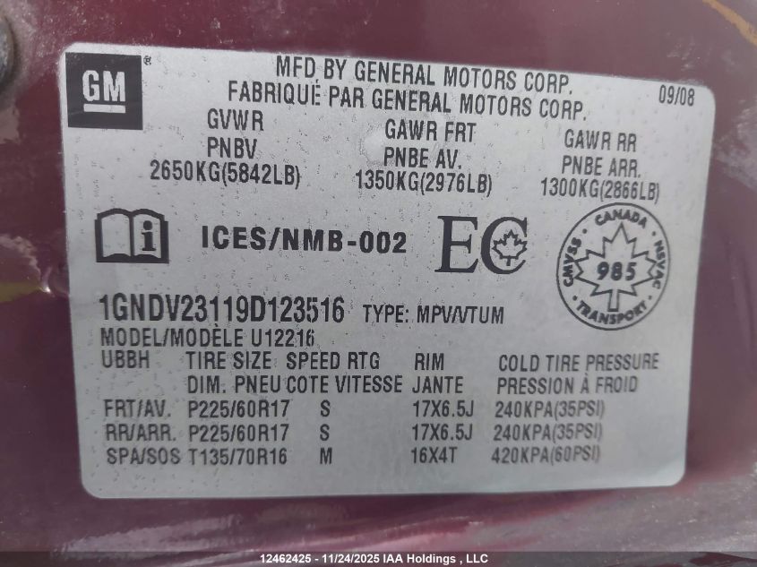 2009 Chevrolet Uplander Ls VIN: 1GNDV23119D123516 Lot: 12462425