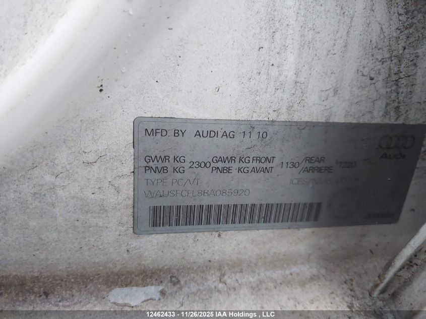 2011 Audi A4 Premium VIN: WAUSFCFL8BA085920 Lot: 12462433