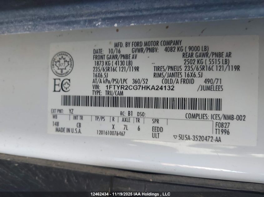 2017 Ford Transit T-250 VIN: 1FTYR2CG7HKA24132 Lot: 12462434