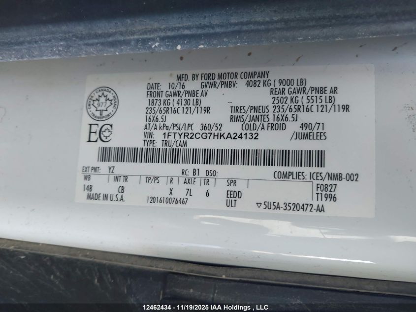 2017 Ford Transit T-250 VIN: 1FTYR2CG7HKA24132 Lot: 12462434