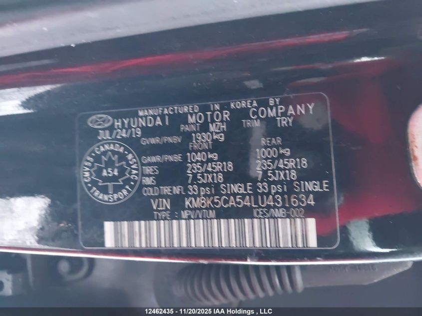 2020 Hyundai Kona Ultimate Awd VIN: KM8K5CA54LU431634 Lot: 12462435