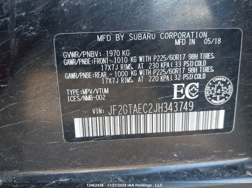 2018 Subaru Crosstrek Premium VIN: JF2GTAEC2JH343749 Lot: 12462436