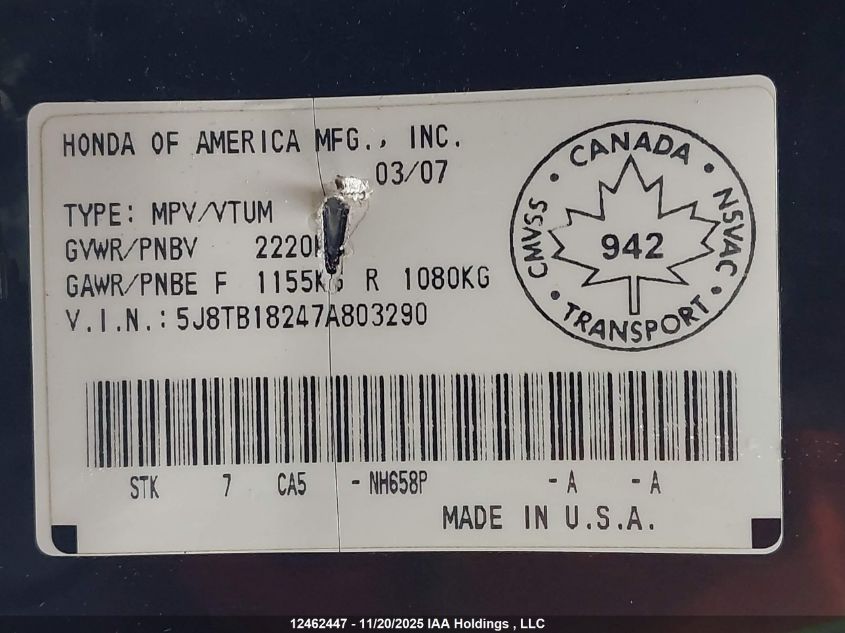 2007 Acura Rdx VIN: 5J8TB18247A803290 Lot: 12462447