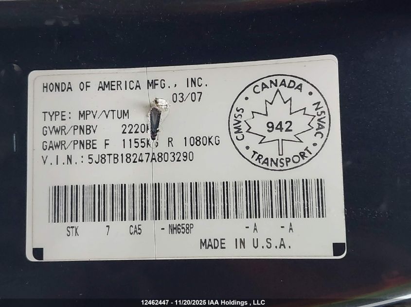 2007 Acura Rdx VIN: 5J8TB18247A803290 Lot: 12462447