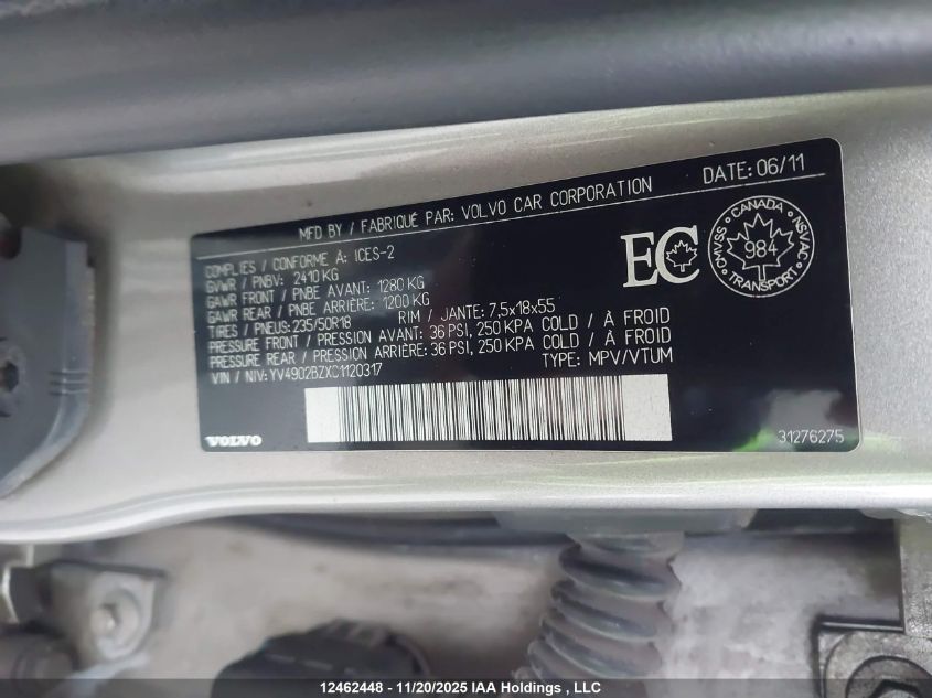 2012 Volvo Xc70 T6 VIN: YV4902BZXC1120317 Lot: 12462448