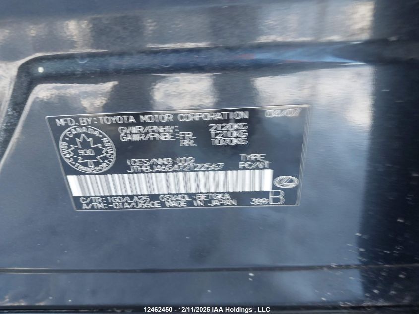 2007 Lexus Es 350 350 VIN: JTHBJ46G472122567 Lot: 12462450