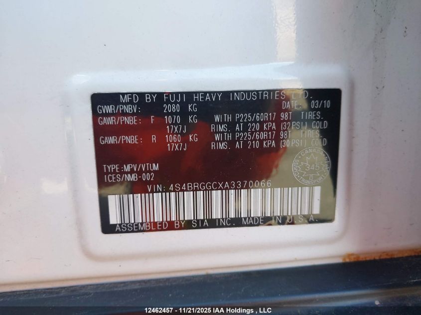 2010 Subaru Outback 2.5 I Sport VIN: 4S4BRGGCXA3370066 Lot: 12462457