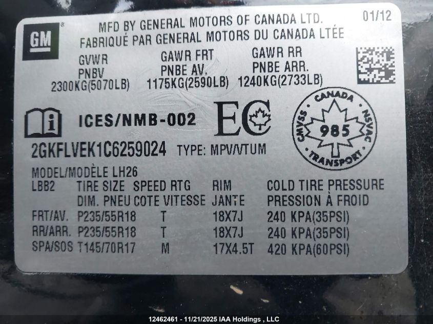 2012 GMC Terrain Slt VIN: 2GKFLVEK1C6259024 Lot: 12462461