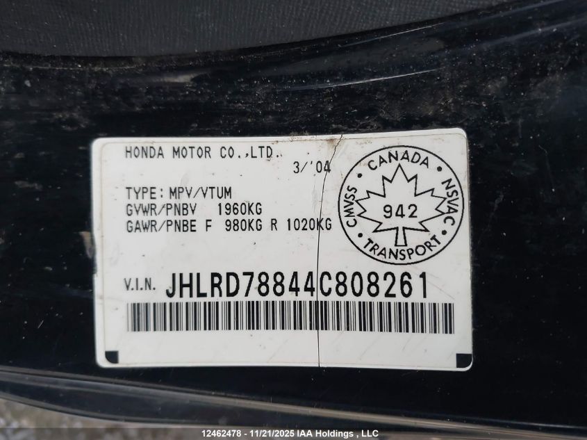 2004 Honda Cr-V Ex VIN: JHLRD78844C808261 Lot: 12462478