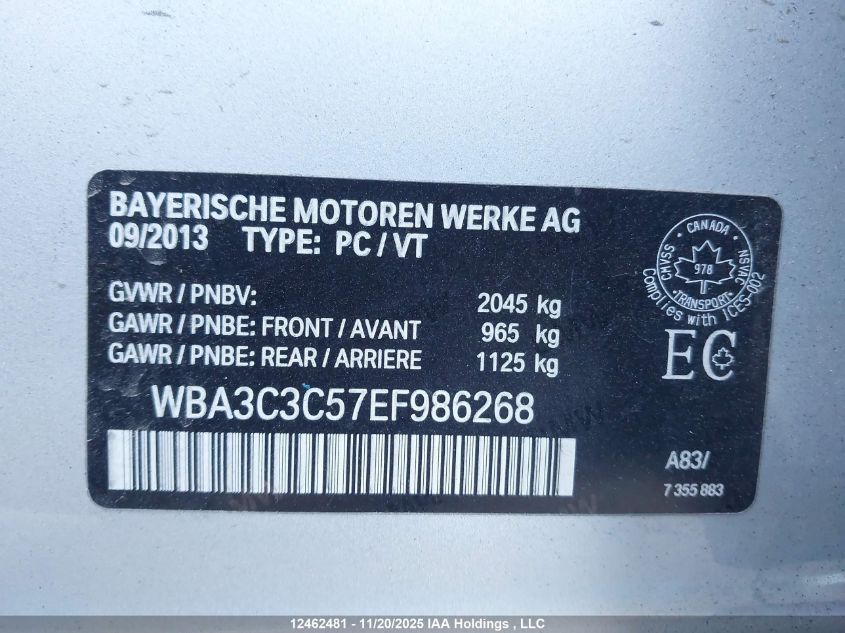 2014 BMW 320 I xDrive VIN: WBA3C3C57EF986268 Lot: 12462481