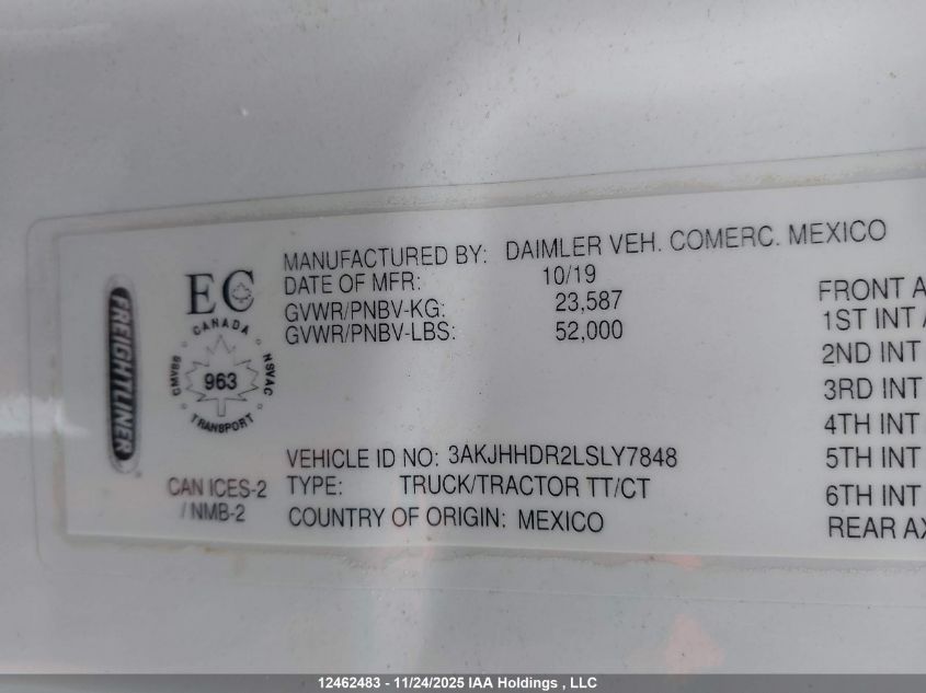 2020 Freightliner New Cascadia 126 VIN: 3AKJHHDR2LSLY7848 Lot: 12462483