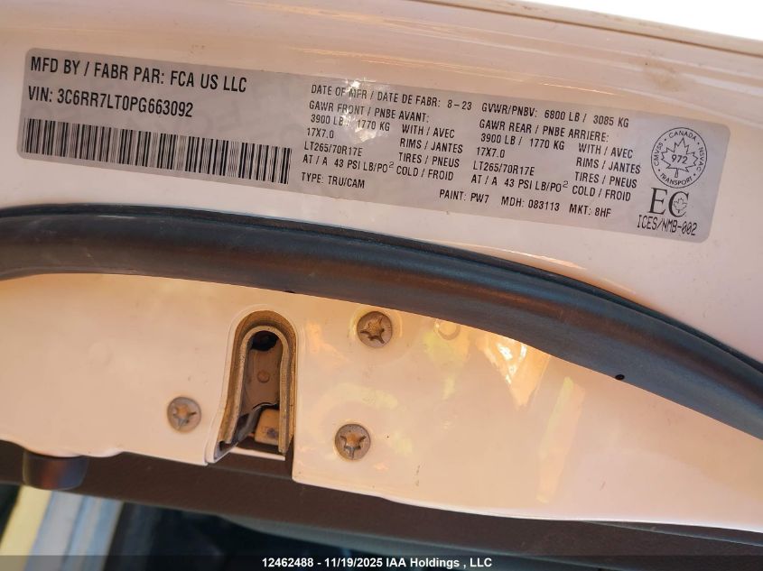 2023 Ram 1500 Classic Slt VIN: 3C6RR7LT0PG663092 Lot: 12462488