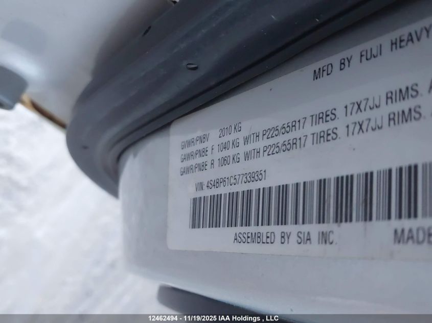 2007 Subaru Outback 2.5 I/2.5 I Touring Package VIN: 4S4BP61C577339351 Lot: 12462494