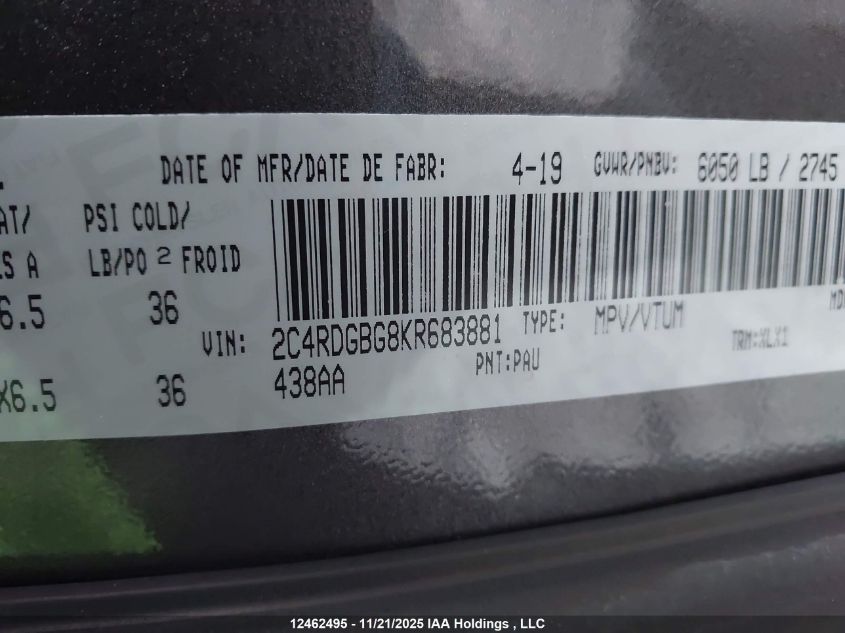 2019 Dodge Grand Caravan Cvp/Sxt VIN: 2C4RDGBG8KR683881 Lot: 12462495