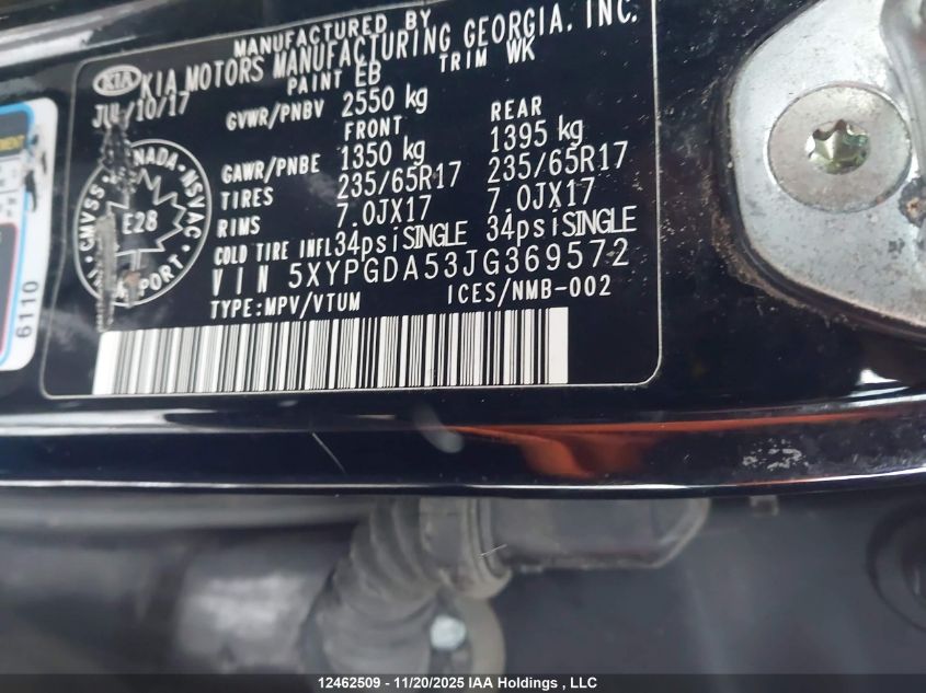 2018 Kia Sorento 3.3L Lx VIN: 5XYPGDA53JG369572 Lot: 12462509