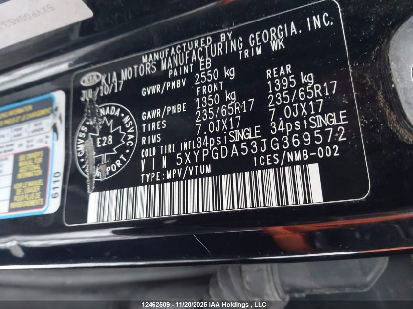 2018 Kia Sorento 3.3L Lx VIN: 5XYPGDA53JG369572 Lot: 12462509