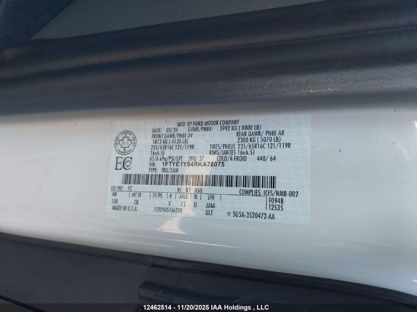 2024 Ford Transit T-150 VIN: 1FTYE1Y84RKA78075 Lot: 12462514