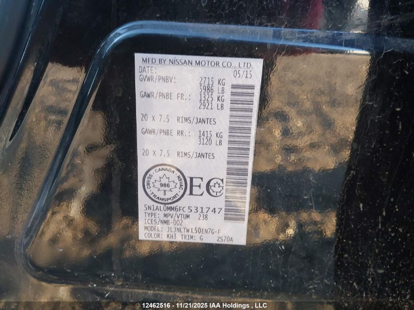 2015 Infiniti Qx60 VIN: 5N1AL0MM6FC531747 Lot: 12462516