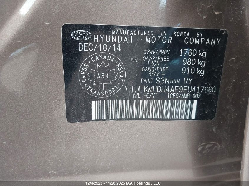 2015 Hyundai Elantra Sport Appearance VIN: KMHDH4AE9FU417660 Lot: 12462523