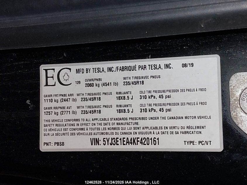 2019 Tesla Model 3 Long Range/Mid Range/Standard Range/Standard Range Plus VIN: 5YJ3E1EA4KF420161 Lot: 12462528